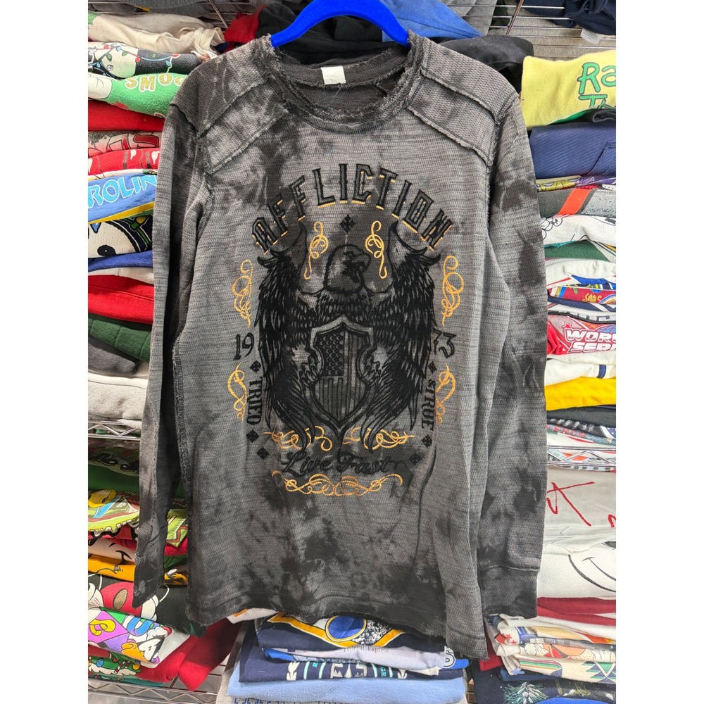 Affliction Mens Gray Acid Wash Thermal Long Sleeve Graphic Shirt Size M 6623